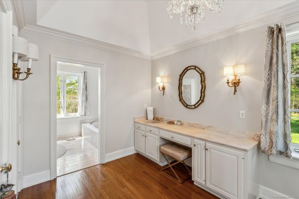 Bathroom, Chandelier, Interior, Wood Texture Flooring