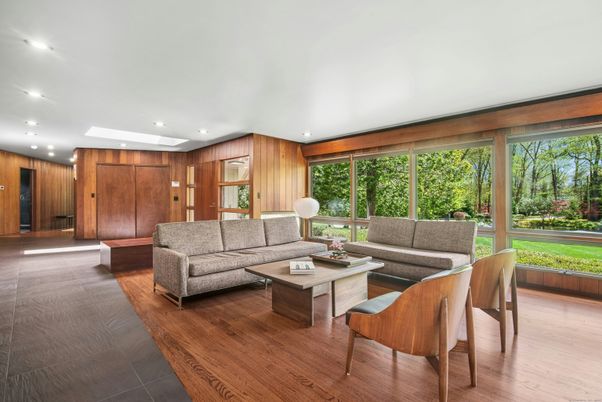 Interior, Living room, Recessed Lighting, Wood Texture Flooring, Wooden Walls