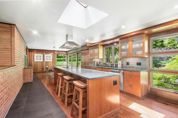 Interior, Kitchen, Recessed Lighting, Stone Walls, Wood Texture Flooring