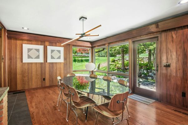 Dining room, Interior, Recessed Lighting, Wood Texture Flooring, Wooden Walls