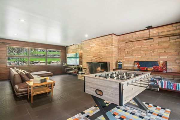 Fireplace, Interior, Living room, Recessed Lighting, Stone Walls