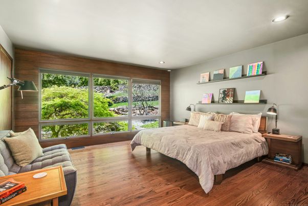 Bedroom, Interior, Recessed Lighting, Wood Texture Flooring