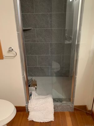 Bathroom, Glass Shower, Interior, Wood Texture Flooring