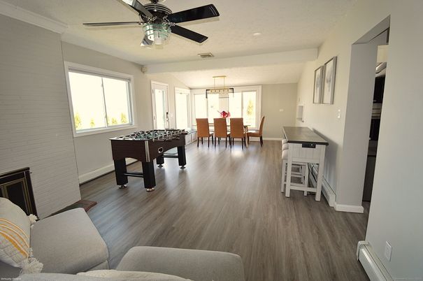 Dining room, Game Room, Interior, Pendant Lights, Wood Texture Flooring