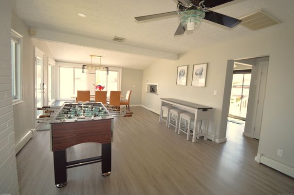 Dining room, Interior, Pendant Lights, Recessed Lighting, Wood Texture Flooring