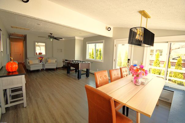 Dining room, Game Room, Interior, Living room, Pendant Lights, Wood Texture Flooring