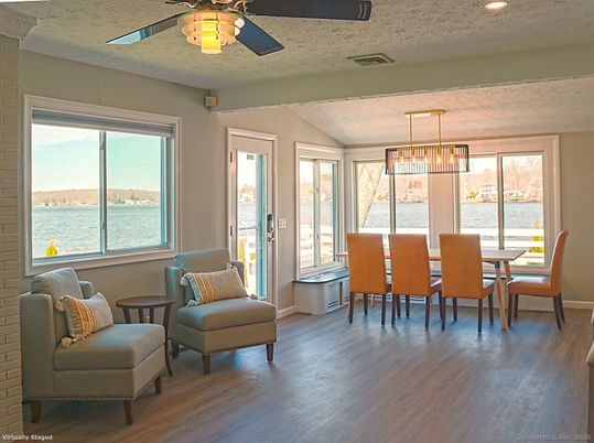 Dining room, Interior, Pendant Lights, Recessed Lighting, Water, Wood Texture Flooring