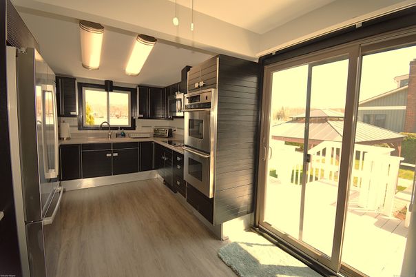 Interior, Kitchen, Pendant Lights, Stainless Steel Appliances, Wood Texture Flooring