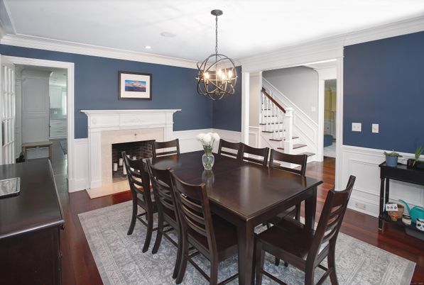 Chandelier, Dining room, Fireplace, Interior, Recessed Lighting, Wood Texture Flooring