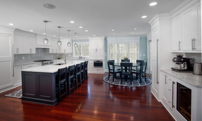 Dining room, Interior, Kitchen, Pendant Lights, Recessed Lighting, Wood Texture Flooring