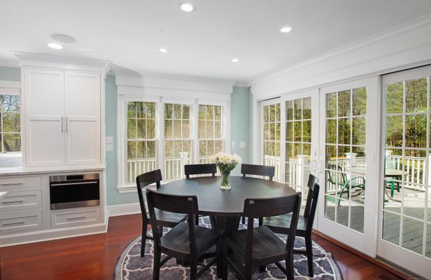 Dining room, Interior, Recessed Lighting, Wood Texture Flooring