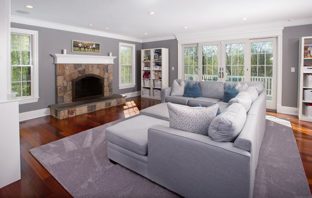 Fireplace, Interior, Living room, Recessed Lighting, Wood Texture Flooring