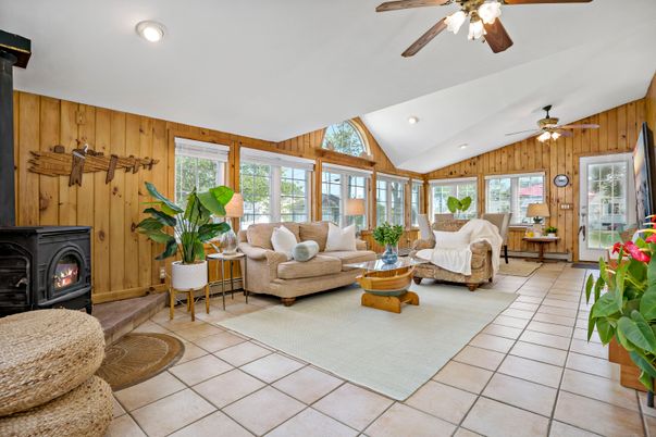 Fireplace, Interior, Living room, Recessed Lighting, Wooden Walls