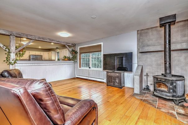 Fireplace, Interior, Kitchen, Recessed Lighting, Wood Texture Flooring