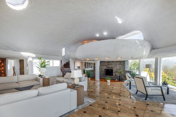 Fireplace, Interior, Living room, Recessed Lighting, Stone Walls, Wood Texture Flooring