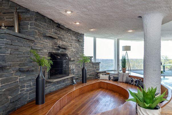 Fireplace, Interior, Recessed Lighting, Stone Walls, Wood Texture Flooring