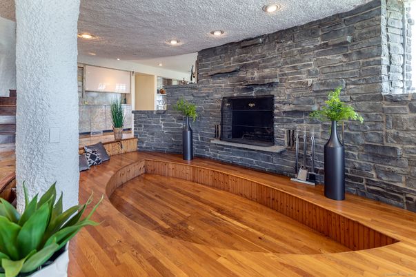 Fireplace, Interior, Recessed Lighting, Stone Walls, Wood Texture Flooring
