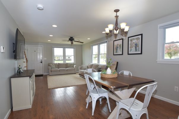 Chandelier, Dining room, Interior, Living room, Recessed Lighting, Wood Texture Flooring