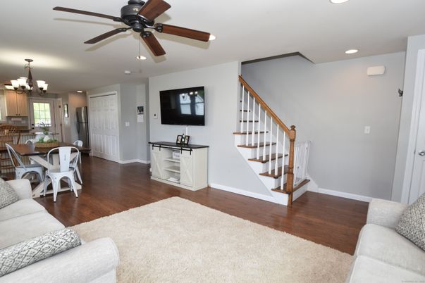 Chandelier, Dining room, Interior, Living room, Recessed Lighting, Wood Texture Flooring