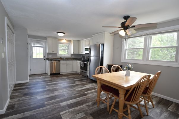 Dining room, Interior, Kitchen, Stainless Steel Appliances, Wood Texture Flooring