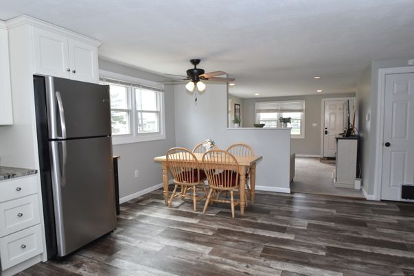 Dining room, Interior, Kitchen, Recessed Lighting, Wood Texture Flooring