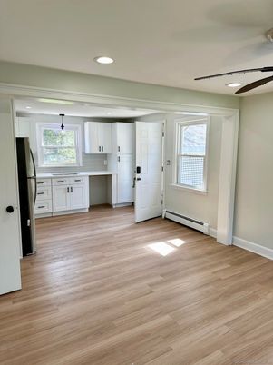 Empty room, Interior, Kitchen, Recessed Lighting, Wood Texture Flooring