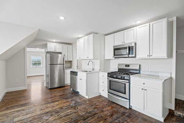 Interior, Kitchen, Recessed Lighting, Stainless Steel Appliances, Wood Texture Flooring