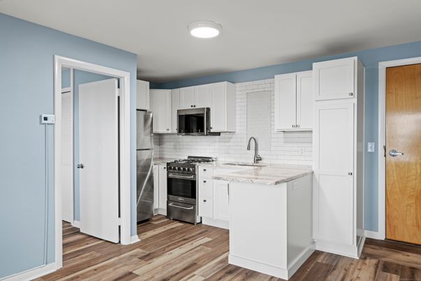Interior, Kitchen, Stainless Steel Appliances, Wood Texture Flooring