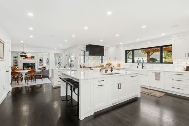 Dining room, Fireplace, Interior, Kitchen, Recessed Lighting, Wood Texture Flooring