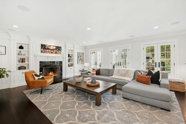Fireplace, Interior, Living room, Recessed Lighting, Wood Texture Flooring