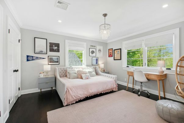 Bedroom, Chandelier, Home Office, Interior, Recessed Lighting, Wood Texture Flooring