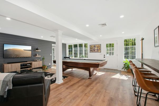 Billiard Table, Game Room, Interior, Recessed Lighting, Wood Texture Flooring