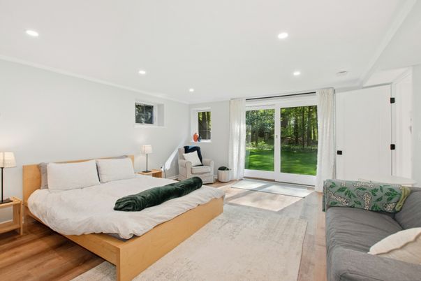 Bedroom, Interior, Living room, Recessed Lighting, Wood Texture Flooring