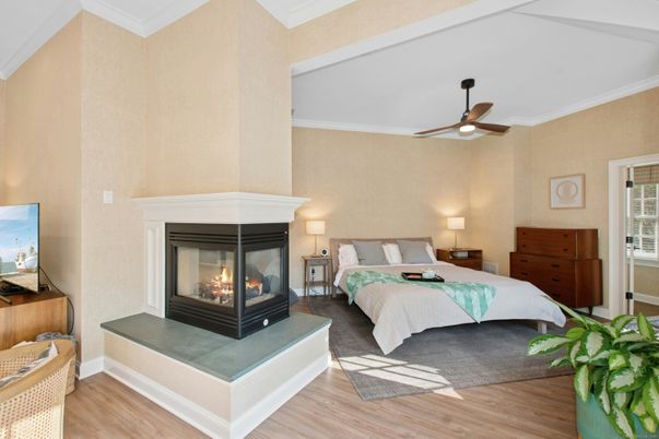Bedroom, Fireplace, Interior, Wood Texture Flooring