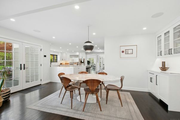 Dining room, Interior, Kitchen, Pendant Lights, Recessed Lighting, Wood Texture Flooring