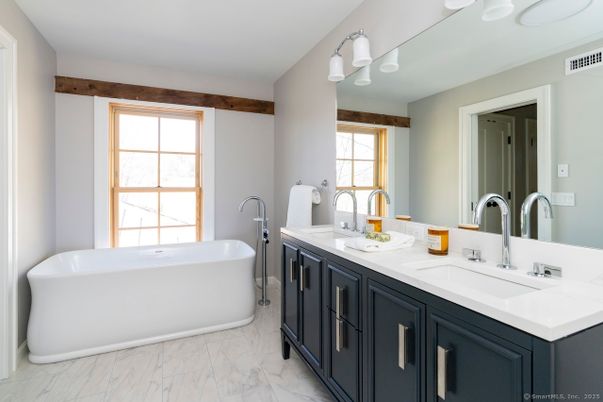 Bathroom, Dual Sink Vanities, Free Standing Baths, Interior, Marble