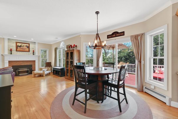Dining room, Fireplace, Interior, Pendant Lights, Recessed Lighting, Wood Texture Flooring