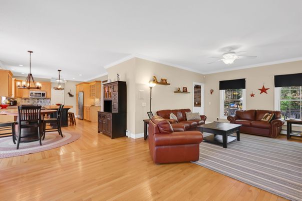 Dining room, Interior, Kitchen, Living room, Pendant Lights, Wood Texture Flooring