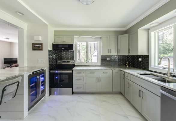 Interior, Kitchen, Marble, Recessed Lighting, Stainless Steel Appliances