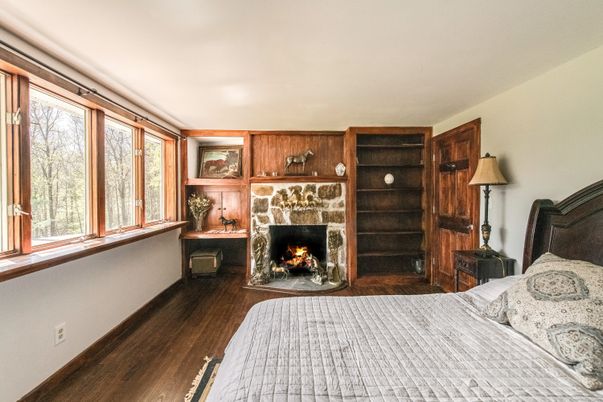 Bedroom, Fireplace, Interior, Wood Texture Flooring, Wooden Walls