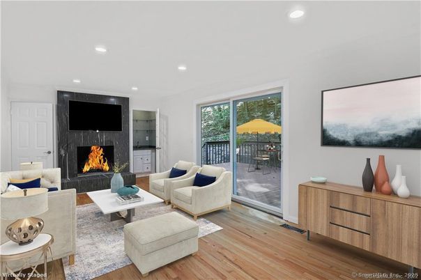 Fireplace, Interior, Living room, Recessed Lighting, Wood Texture Flooring