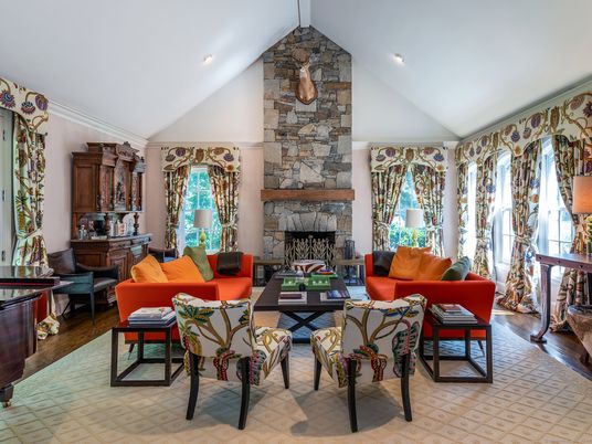 Fireplace, Interior, Living room, Recessed Lighting, Stone Walls, Wood Texture Flooring
