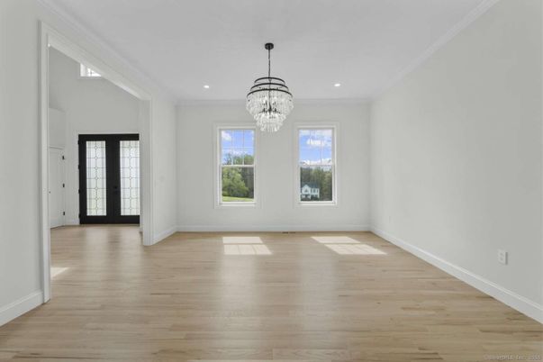 Chandelier, Empty room, Interior, Recessed Lighting, Wood Texture Flooring