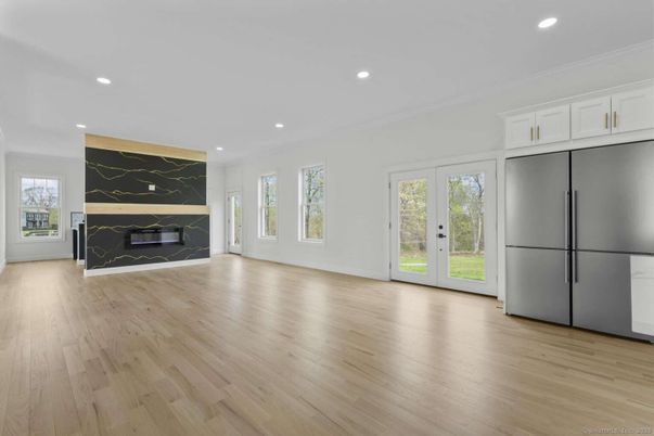 Empty room, Interior, Marble Walls, Recessed Lighting, Wood Texture Flooring