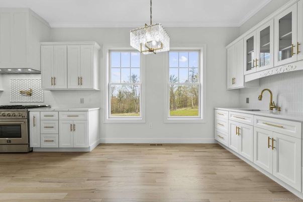 Chandelier, Interior, Kitchen, Pendant Lights, Stainless Steel Appliances, Wood Texture Flooring