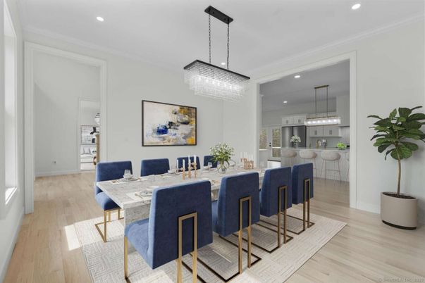 Chandelier, Dining room, Interior, Kitchen, Pendant Lights, Recessed Lighting, Wood Texture Flooring