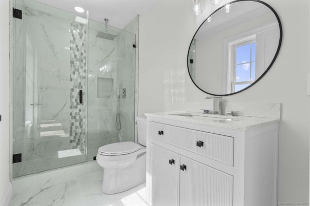 Bathroom, Glass Shower, Interior, Marble, Marble Walls, Recessed Lighting