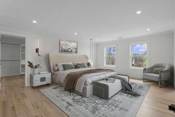 Bedroom, Interior, Pendant Lights, Recessed Lighting, Wood Texture Flooring