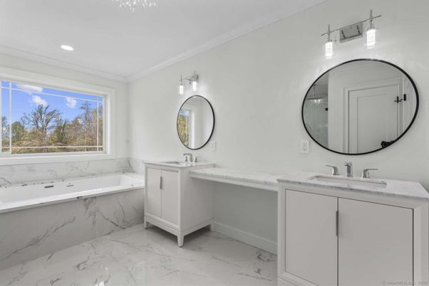 Bathroom, Dual Sink Vanities, Interior, Marble, Recessed Lighting