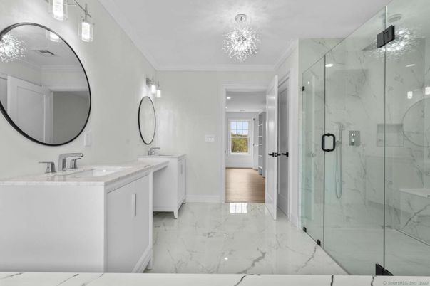 Bathroom, Dual Sink Vanities, Glass Shower, Interior, Marble, Marble Walls